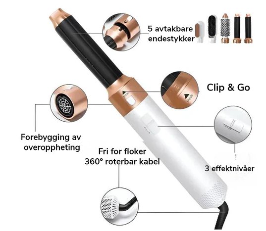 "Multifunksjonell 5-i-1 airstyler for proff hårstyling, med utskiftbare børstehoder og Coanda-effekt teknologi."