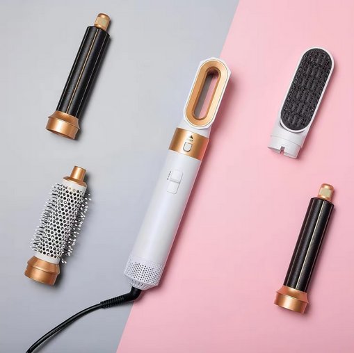 "Multifunksjonell 5-i-1 airstyler for proff hårstyling, med utskiftbare børstehoder og Coanda-effekt teknologi."