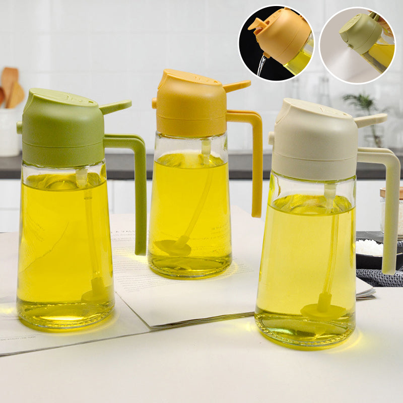"Multifunksjonell glass oljesprøyte og dispenser; elegant design, 470 ml kapasitet, rustfritt stål detaljer."