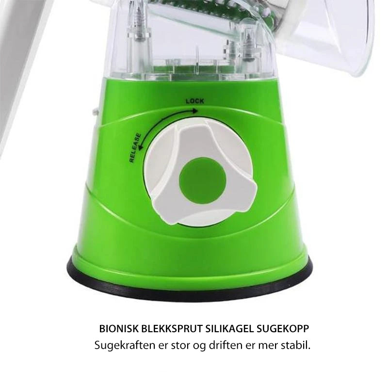 Multifunksjonell grønnsaksskjærer i rustfritt stål med skarpe blader, kompakt design, tilgjengelig i flere farger.