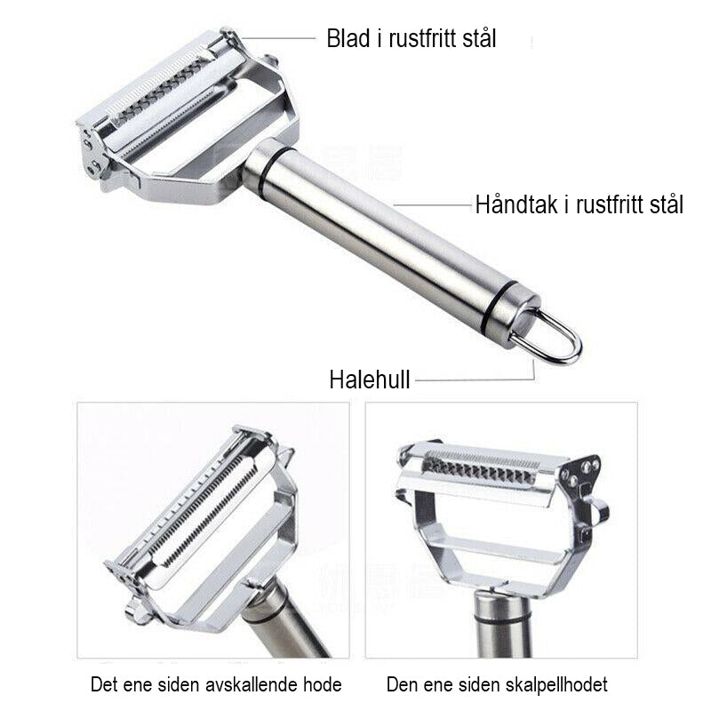 Multifunksjonell grønnsaksskreller i rustfritt stål med ergonomisk design og hengekrok. Enkel og effektiv i bruk.