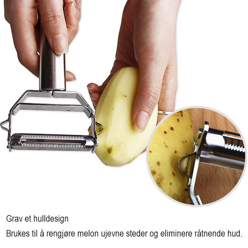 Multifunksjonell grønnsaksskreller i rustfritt stål med ergonomisk design og hengekrok. Enkel og effektiv i bruk.