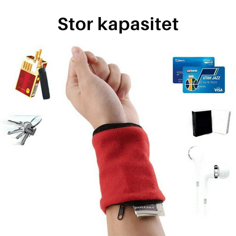 "Multifunksjonell håndleddpose for trygg oppbevaring, svart kompakt design, perfekt for sport og reise, holder verdisaker sik