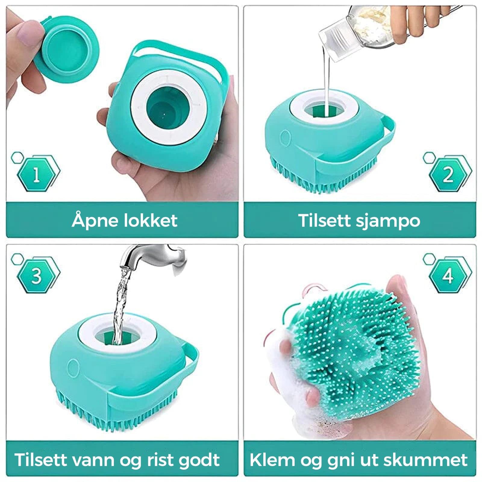 "Myk silikonbadbørste i rosa, gul eller blå. Kompakt, slitesterk og designet for enkel hårrengjøring og massasje."