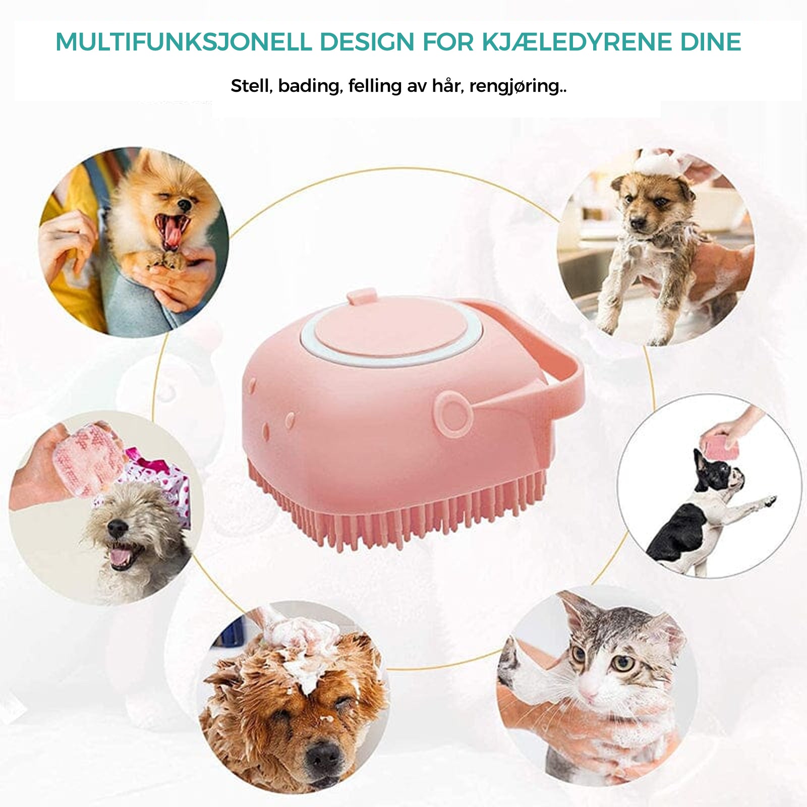"Myk silikonbadbørste i rosa, gul eller blå. Kompakt, slitesterk og designet for enkel hårrengjøring og massasje."