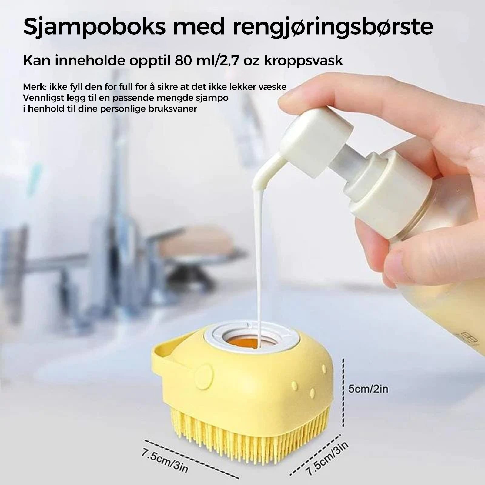 "Myk silikonbadbørste i rosa, gul eller blå. Kompakt, slitesterk og designet for enkel hårrengjøring og massasje."