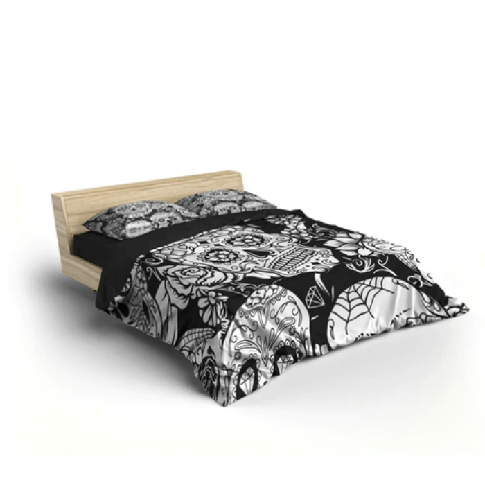 Nærbilde av unikt skull sengetøy i polyester. Moderne hodeskalle-design for soverommet.