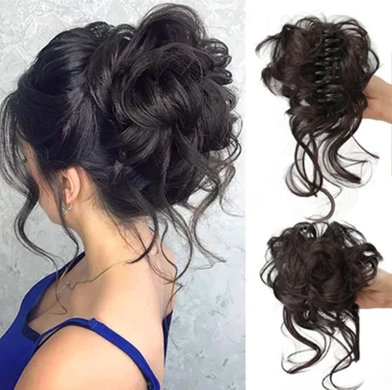 "Naturlig look volumskaper hestehalebolle: brun syntetisk hår med elastisk bånd, gir hårvolum og stil."