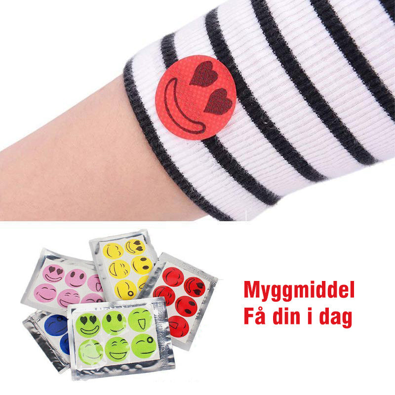 "Naturlige myggplaster, fargerike design, trygge for barn, urtebasert, festes på klær, kjemikaliefri beskyttelse"