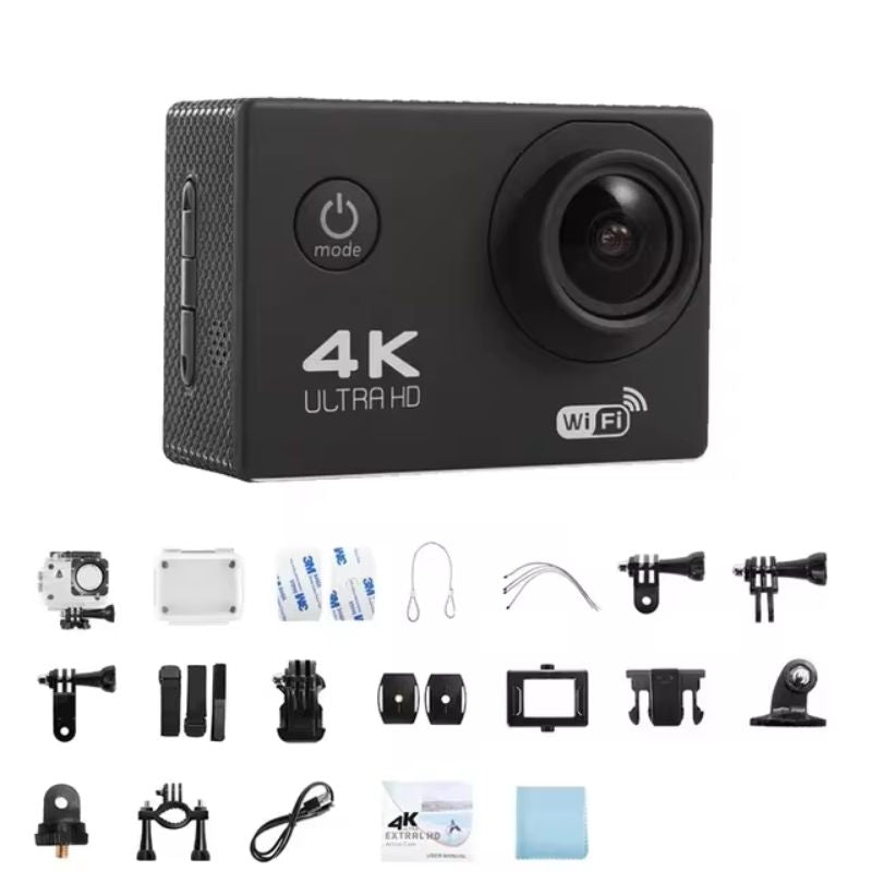 "Norvo Ultra HD sport pro kamera, kompakt svart design, 4K, vanntett opptil 30m, perfekte detaljer for friluftseventyr."