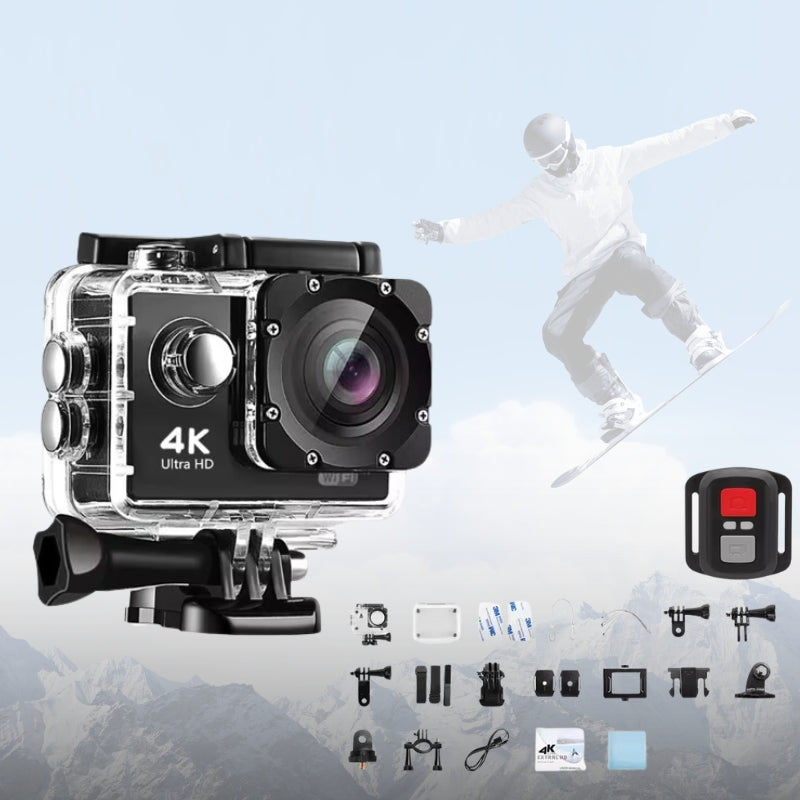 "Norvo Ultra HD sport pro kamera, kompakt svart design, 4K, vanntett opptil 30m, perfekte detaljer for friluftseventyr."