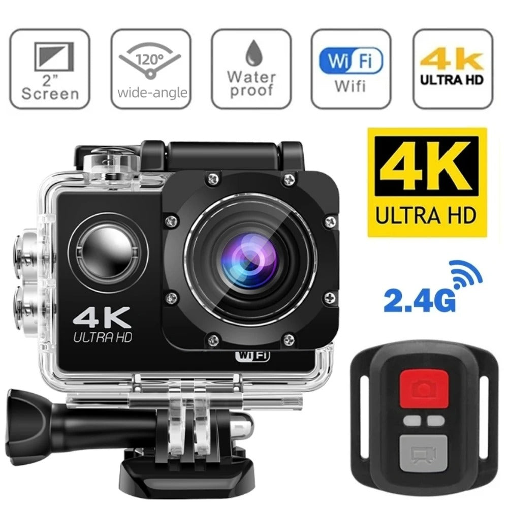 "Norvo Ultra HD sport pro kamera, kompakt svart design, 4K, vanntett opptil 30m, perfekte detaljer for friluftseventyr."