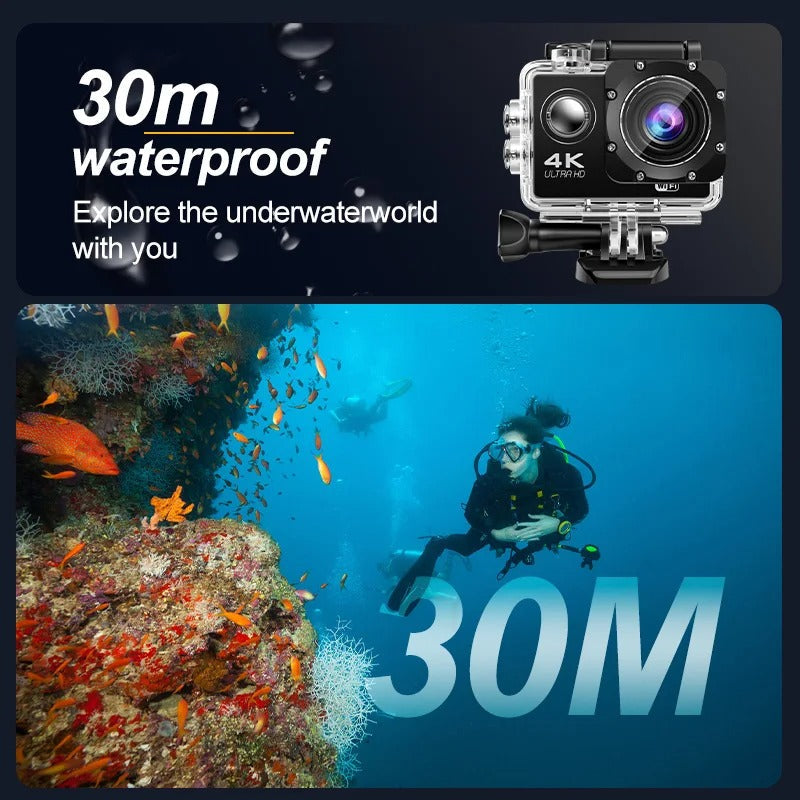 "Norvo Ultra HD sport pro kamera, kompakt svart design, 4K, vanntett opptil 30m, perfekte detaljer for friluftseventyr."