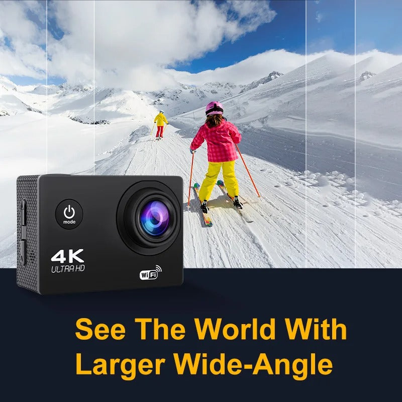 "Norvo Ultra HD sport pro kamera, kompakt svart design, 4K, vanntett opptil 30m, perfekte detaljer for friluftseventyr."