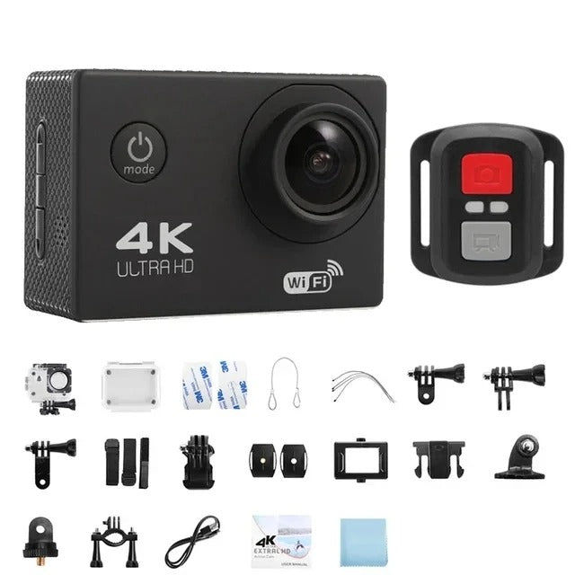 "Norvo Ultra HD sport pro kamera, kompakt svart design, 4K, vanntett opptil 30m, perfekte detaljer for friluftseventyr."
