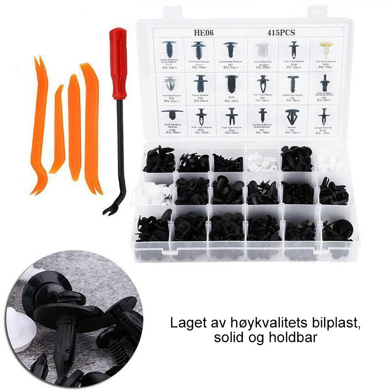 "Nylon og metall bilfeste klippsett, komplett med solide festeklips for montering av bilutstyr, på hvit bakgrunn."