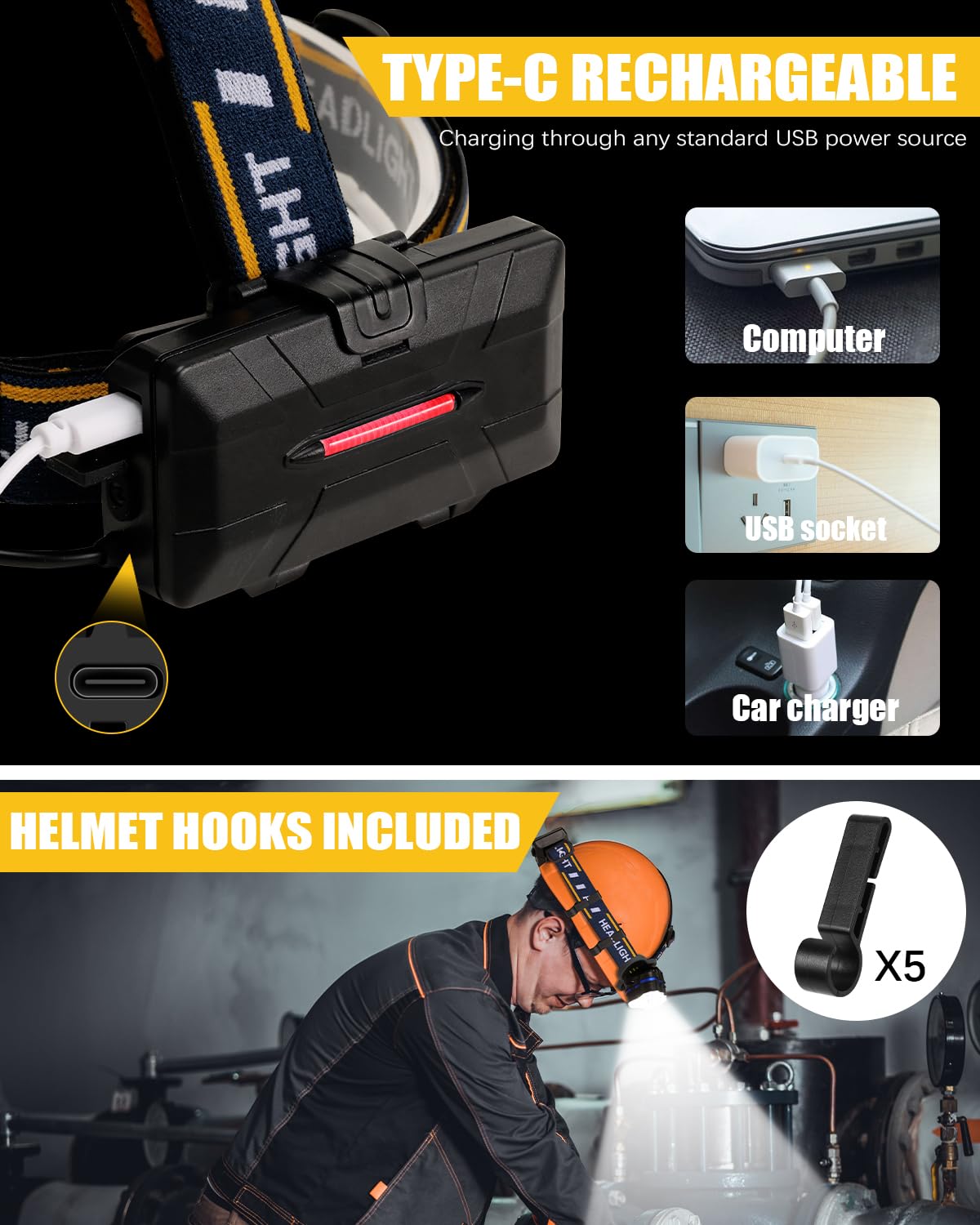 "Ochter 18000 Lumen oppladbar hodelykt, justerbar stropp, 8 moduser, vanntett IPX4, USB-lading, kraftig lys"