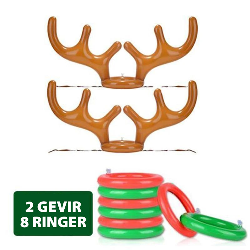 "Oppblåsbart, rødt og grønt gevir spill i julestil for festlig ringkast. Perfekt for innendørs og utendørs julefeiring."
