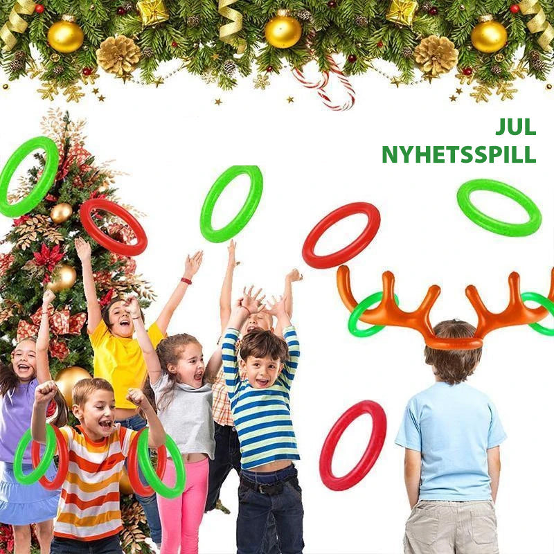 "Oppblåsbart, rødt og grønt gevir spill i julestil for festlig ringkast. Perfekt for innendørs og utendørs julefeiring."