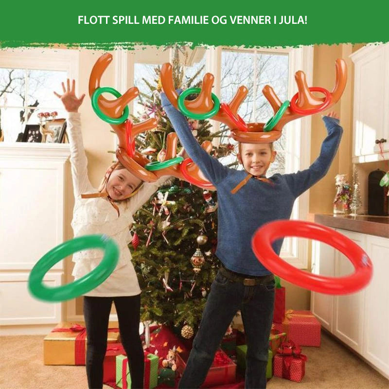 "Oppblåsbart, rødt og grønt gevir spill i julestil for festlig ringkast. Perfekt for innendørs og utendørs julefeiring."