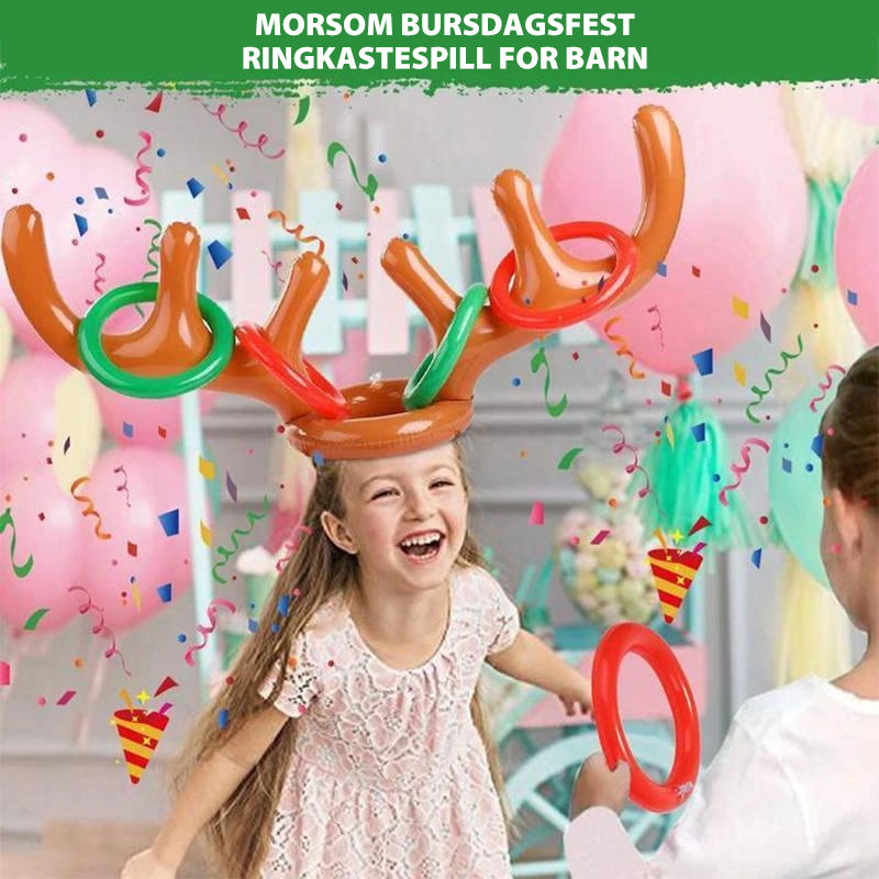 "Oppblåsbart, rødt og grønt gevir spill i julestil for festlig ringkast. Perfekt for innendørs og utendørs julefeiring."