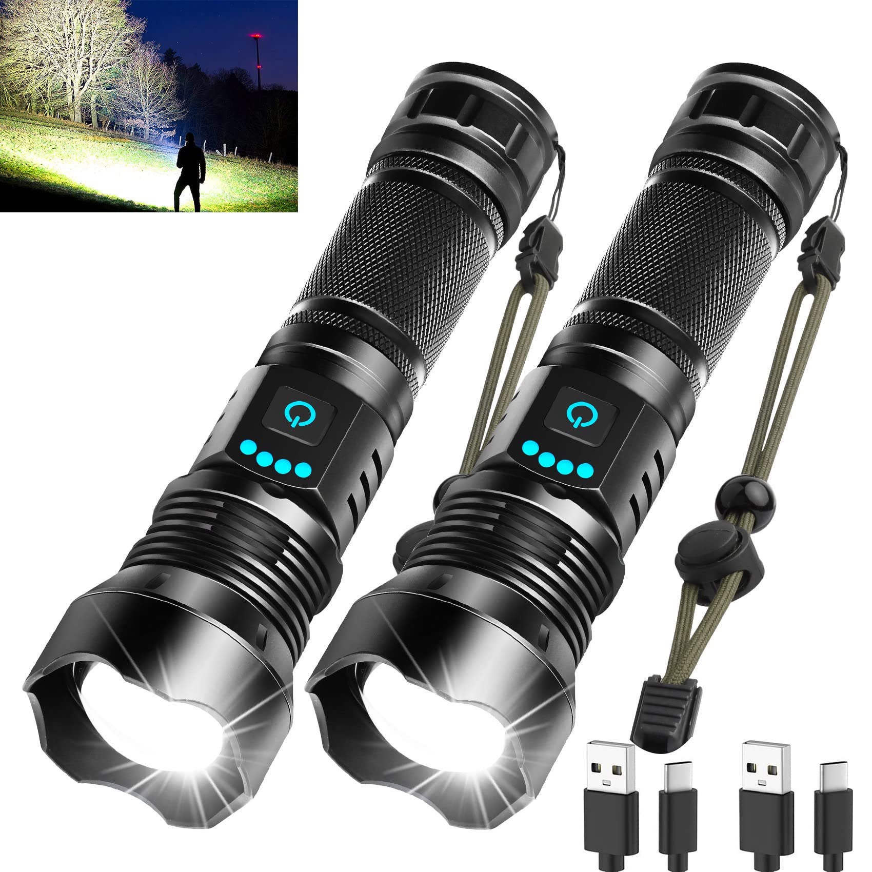 Oppladbar LED lommelykt, vanntett, 100000 lumens, 5 moduser, ideell for friluftsliv og nødssituasjoner.