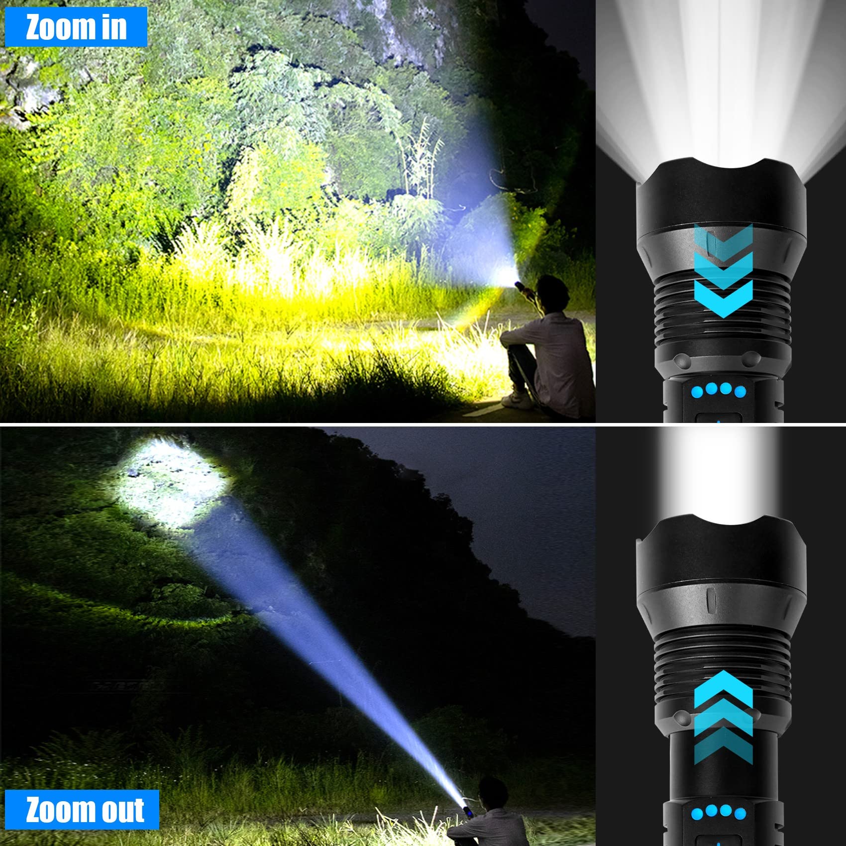 Oppladbar LED lommelykt, vanntett, 100000 lumens, 5 moduser, ideell for friluftsliv og nødssituasjoner.