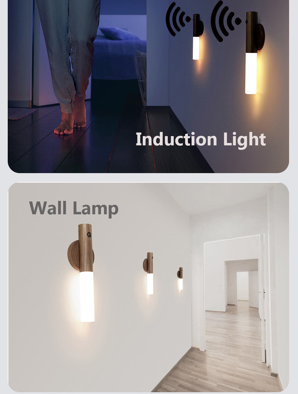 "Oppladbar LED nattlampe med bevegelsessensor, varmt lys, moderne design, 3 m rekkevidde, enkel installasjon"