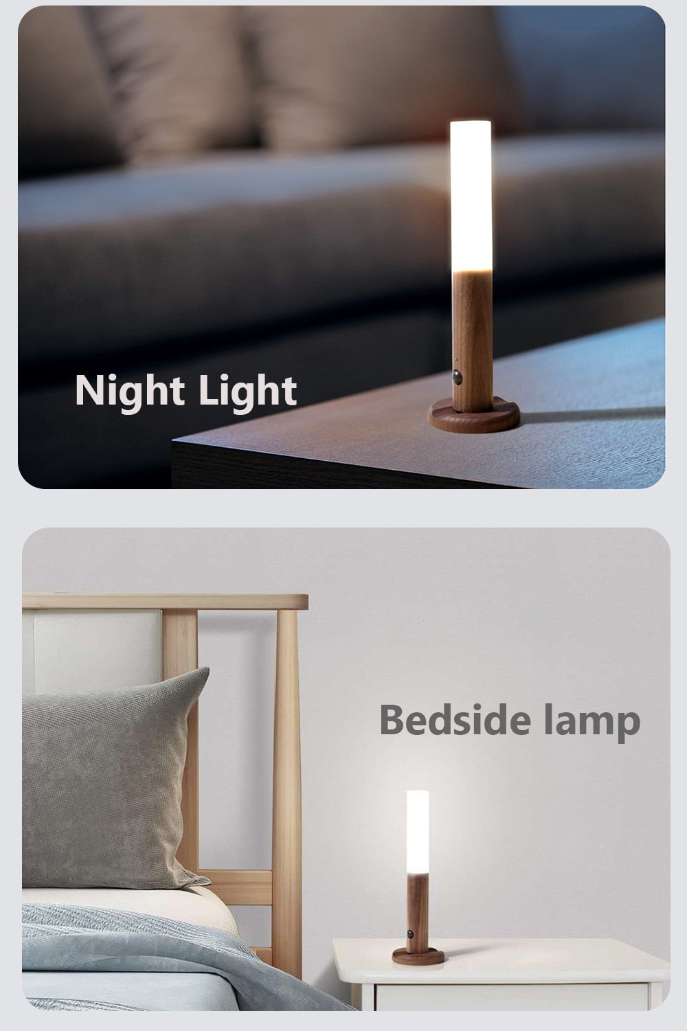 "Oppladbar LED nattlampe med bevegelsessensor, varmt lys, moderne design, 3 m rekkevidde, enkel installasjon"