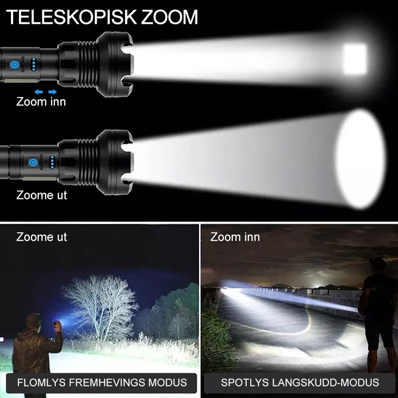 Oppladbar taktisk LED-lommelykt, 90000 lumen, robust aluminiumslegering, vanntett design for utendørs bruk.