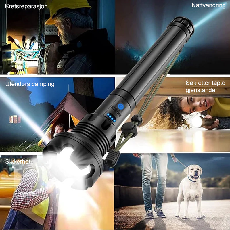 Oppladbar taktisk LED-lommelykt, 90000 lumen, robust aluminiumslegering, vanntett design for utendørs bruk.