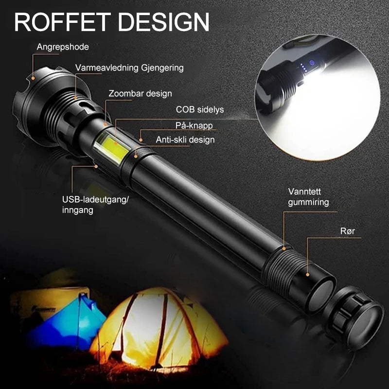Oppladbar taktisk LED-lommelykt, 90000 lumen, robust aluminiumslegering, vanntett design for utendørs bruk.