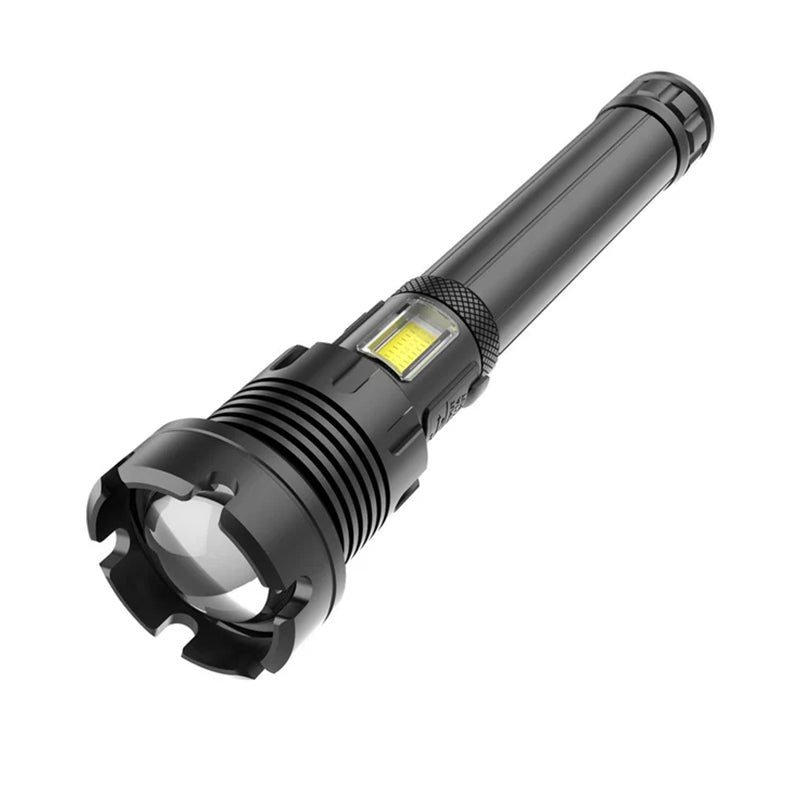 Oppladbar taktisk LED-lommelykt, 90000 lumen, robust aluminiumslegering, vanntett design for utendørs bruk.
