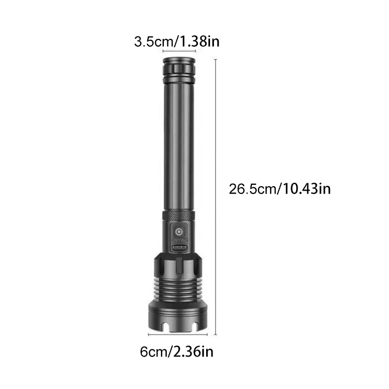 Oppladbar taktisk LED-lommelykt, 90000 lumen, robust aluminiumslegering, vanntett design for utendørs bruk.