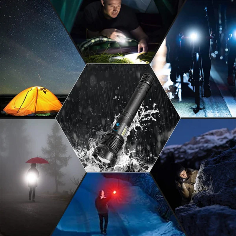 Oppladbar taktisk LED-lommelykt, 90000 lumen, robust aluminiumslegering, vanntett design for utendørs bruk.
