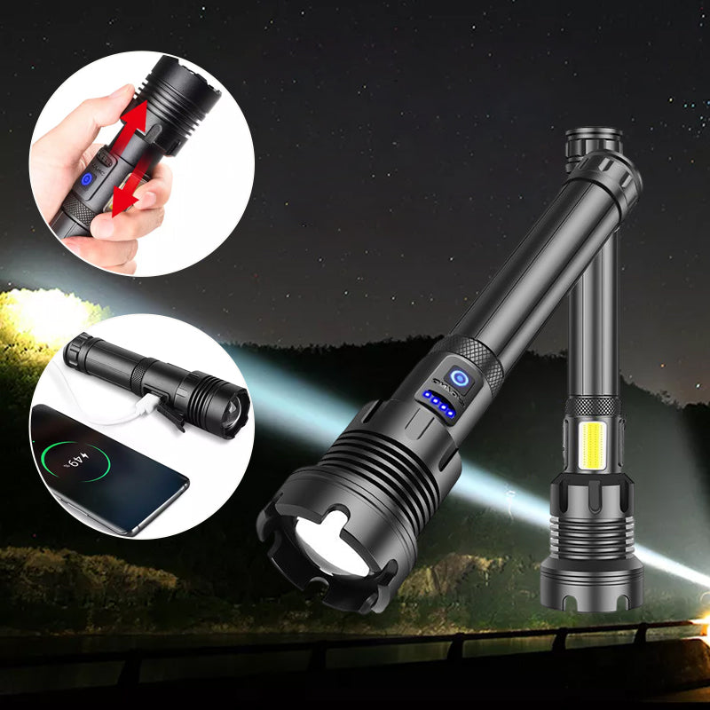 Oppladbar taktisk LED-lommelykt, 90000 lumen, robust aluminiumslegering, vanntett design for utendørs bruk.
