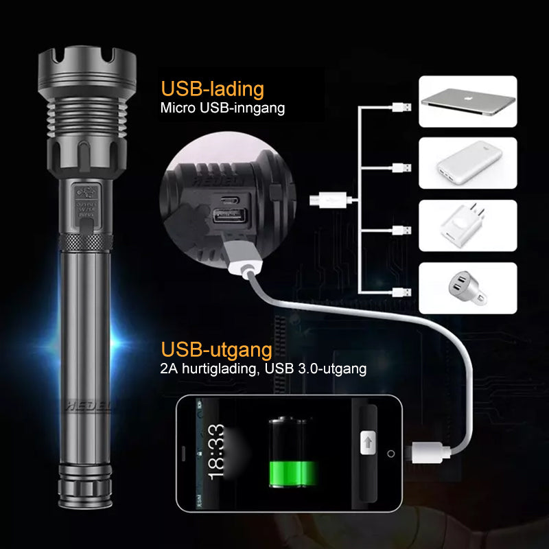 Oppladbar taktisk LED-lommelykt, 90000 lumen, robust aluminiumslegering, vanntett design for utendørs bruk.