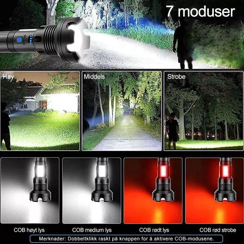 Oppladbar taktisk LED-lommelykt, 90000 lumen, robust aluminiumslegering, vanntett design for utendørs bruk.