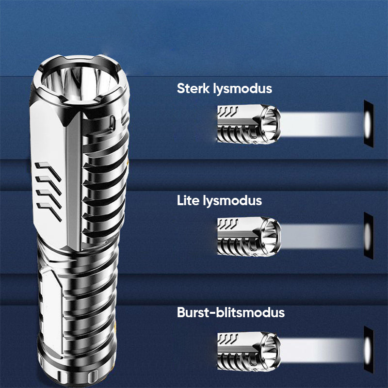 "Oppladbar vanntett LED lommelykt med 3 lysmoduser, robust aluminiumslegering, perfekt for camping og nødbruk."