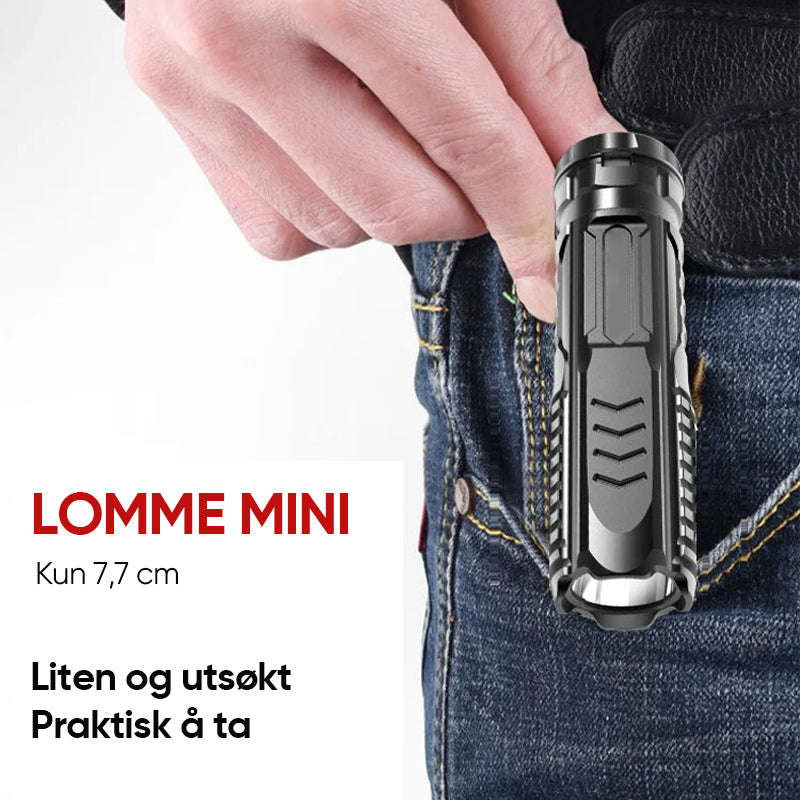 "Oppladbar vanntett LED lommelykt med 3 lysmoduser, robust aluminiumslegering, perfekt for camping og nødbruk."