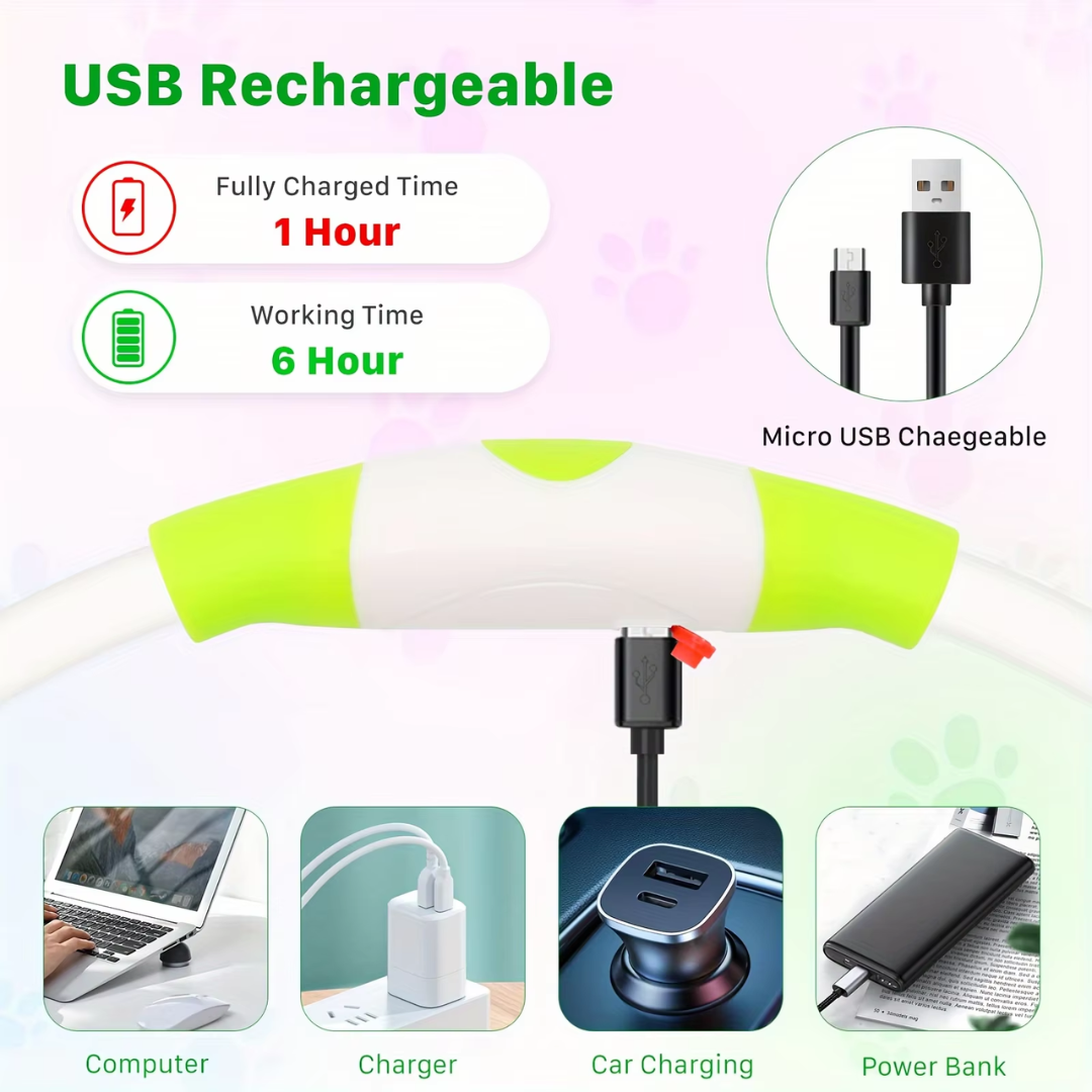 Detaljert bilde av LED hundehalsbånd med USB-port. Fremhever solid konstruksjon og lysfunksjon for sikkerhet.
