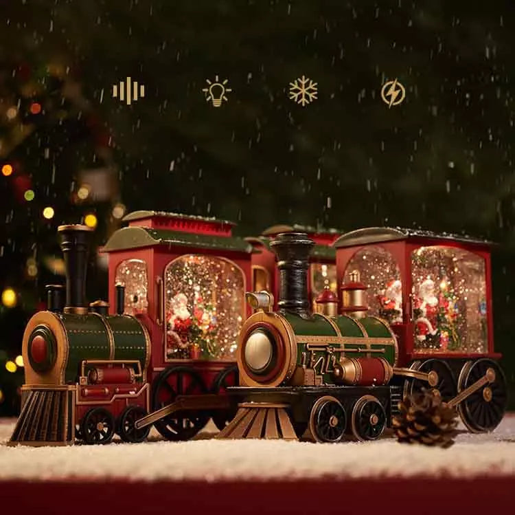 Detaljert juletog med realistisk snøeffekt. En sjarmerende juledekorasjon som bringer julestemning.