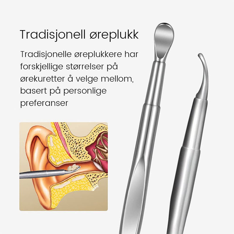 "Ørevoksfjerningssett i rustfritt stål med spiraldesign, trygg rengjøring, ergonomisk svart håndtak, bærbart tilbehør."