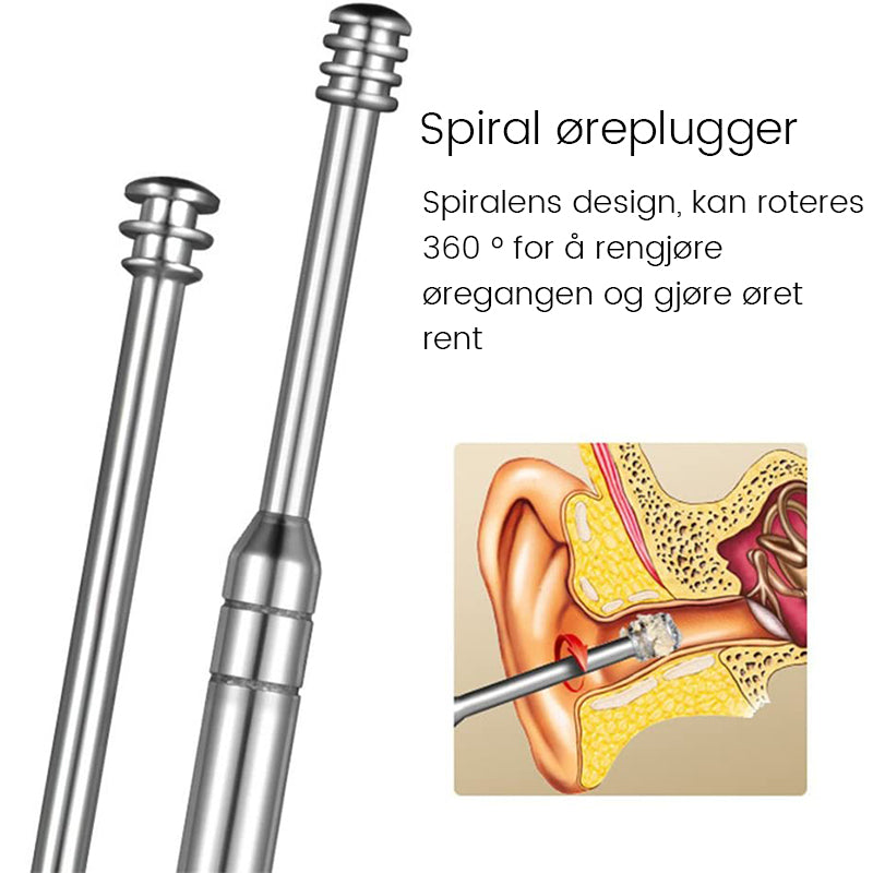 "Ørevoksfjerningssett i rustfritt stål med spiraldesign, trygg rengjøring, ergonomisk svart håndtak, bærbart tilbehør."