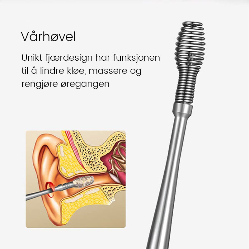 "Ørevoksfjerningssett i rustfritt stål med spiraldesign, trygg rengjøring, ergonomisk svart håndtak, bærbart tilbehør."
