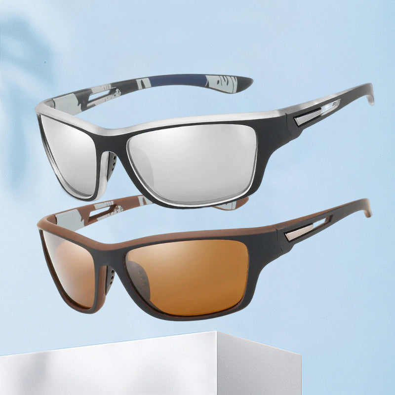 "Polarisert sportssolbrille med antirefleks, UV400-beskyttelse, i bruk ute, moderne design, lett og holdbar ramme."