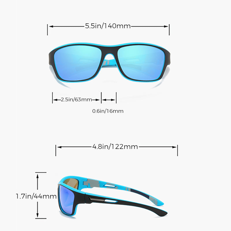 "Polarisert sportssolbrille med antirefleks, UV400-beskyttelse, i bruk ute, moderne design, lett og holdbar ramme."