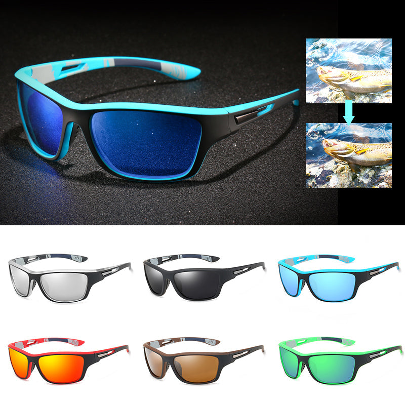 "Polarisert sportssolbrille med antirefleks, UV400-beskyttelse, i bruk ute, moderne design, lett og holdbar ramme."