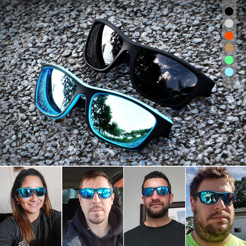"Polarisert sportssolbrille med antirefleks, UV400-beskyttelse, i bruk ute, moderne design, lett og holdbar ramme."