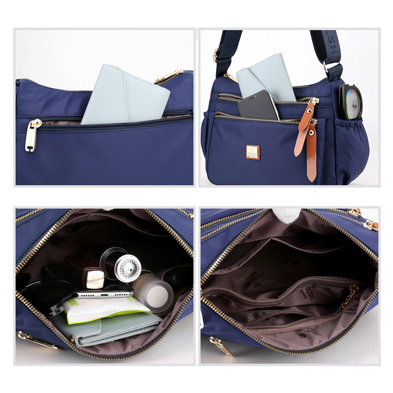 Praktisk skulderveske med flere rom i lett, slitesterkt nylon, ideell for daglig bruk og reiser, i elegant design.